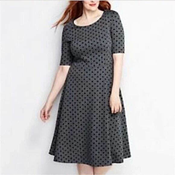 Lands' End Gray & Black Herringbone Tweed Velvet Polka Dot Fit & Flare Dress, 1X - Picture 1 of 8